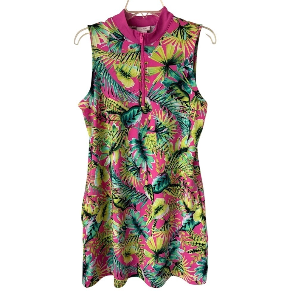 Tommy Bahama Sleeveless Golf Dress Pink Tropical Leaf 1/4 Zip Mock Neck Athletic